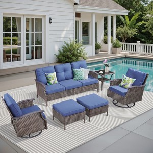Buenhomino Patio Furniture Set Wicker Swivel Glider Chairs PE Rattan Sofa Ottomans with Blue Cushions Patio Conversation Set - 1 of 4