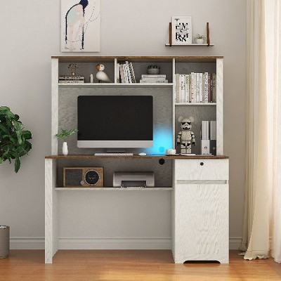 CENGHU Modern Home Office Desk with Lockable Drawer, 2 AC Outlets, 2 USB Ports, Computer Desk with Hutch & Bookshelf, Wood Executive Desk