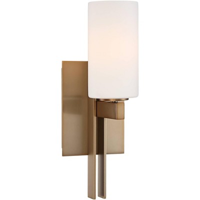Possini Euro Design Modern Wall Light Sconce Burnished Brass Hardwired 14" High Fixture Frosted Glass Bedroom Bathroom Hallway