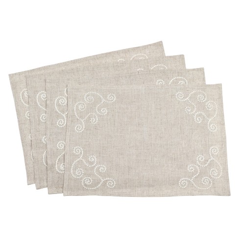 Embroidered Swirl Design Casual Natural Linen Blend Placemat - Saro ...