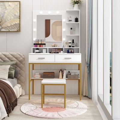 CAVINAS Vanity Desk with Mirror Makeup Vanity with Multilayer Storage Shelves for Apartment, Bedroom