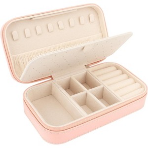PU Leather Travel Jewelry Case Beige Color Compact Organizer for Earrings Necklaces - 1 of 4