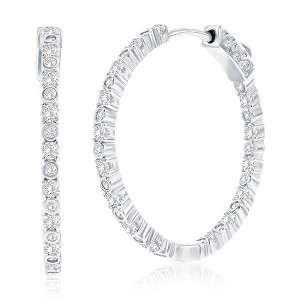 Bella Silver Sterling Silver, 30mm Bezel-Set & Prong Inside-Outside CZ Hoop Earrings - Silver - 1 of 3
