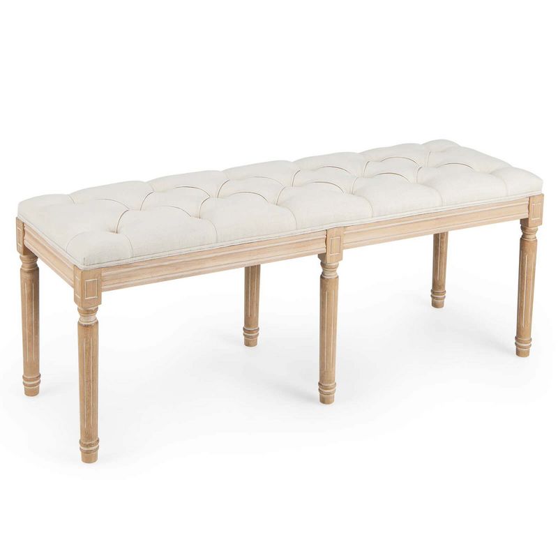 Costway 47" French Vintage Entryway Bench Upholstered Dining Bench with Rubber Wood Legs Beige/Grey, 1 of 10