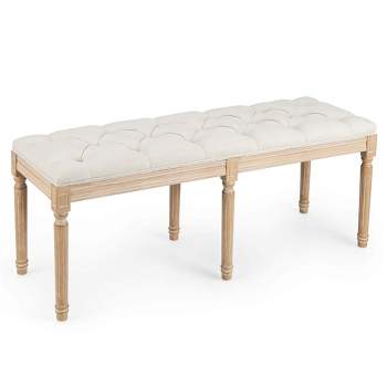 Costway 47" French Vintage Entryway Bench Upholstered Dining Bench with Rubber Wood Legs Beige/Grey