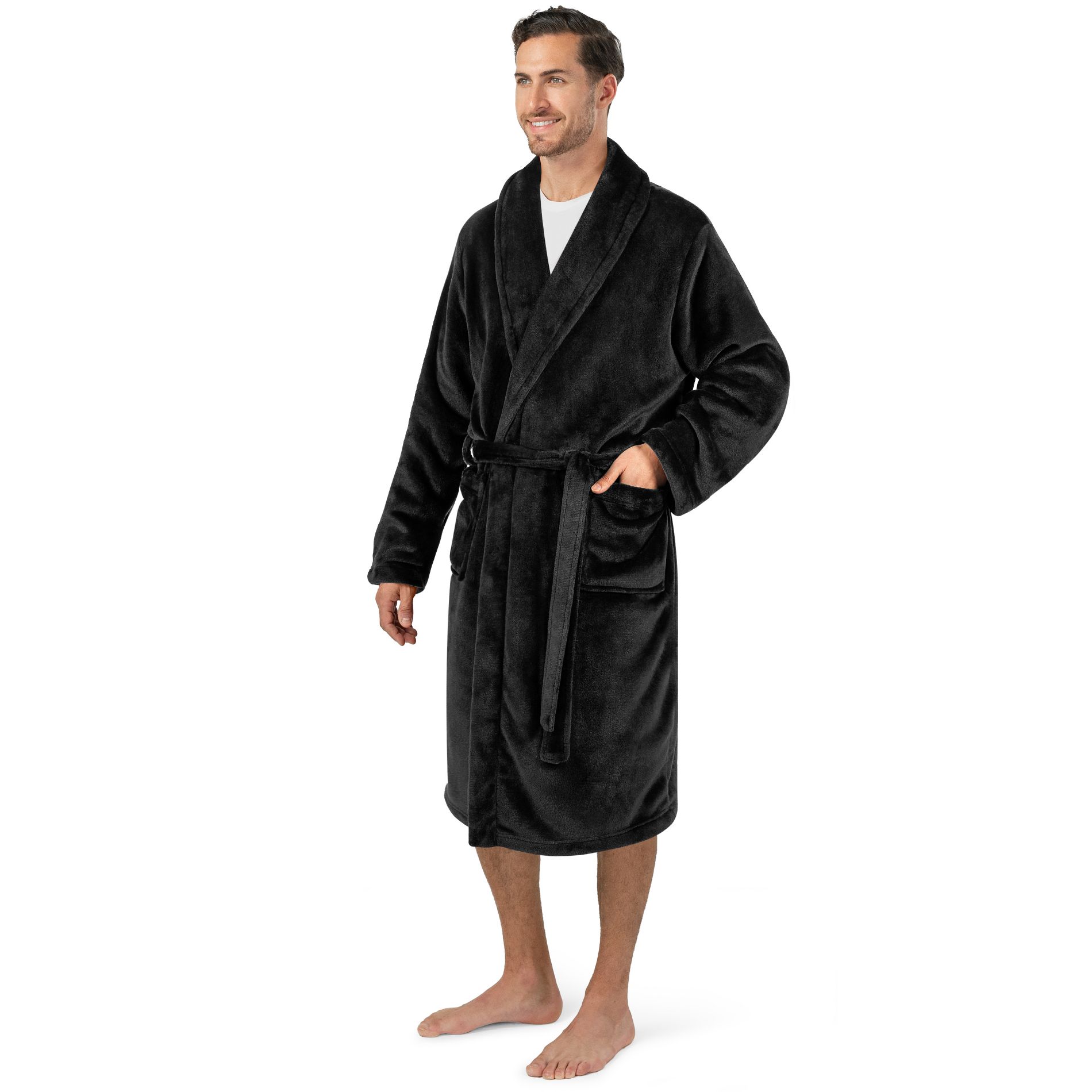 PAVILIA Mens Soft Robe, Fleece Plush Soft Long Male Bathrobe, Lightweight Fluffy Fuzzy Cozy Warm Bath Shower Spa House (Black, Small-Medium)