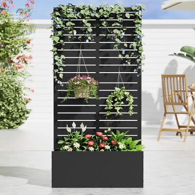 Wooakway Black Metal Planter Box with Trellis Raised Garden Bed with Arbor Privacy Screen with Wheels