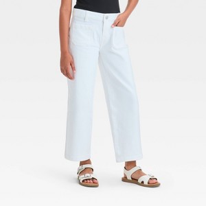 Girls' Mid-Rise Patch Pocket Wide Leg Jeans - Cat & Jack™ Light Wash - 1 of 3