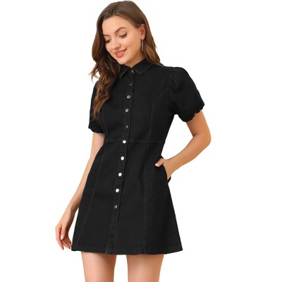 Allegra K Women's Puff Short Sleeve Collared Button Front Mini Denim Dress  Black Small : Target