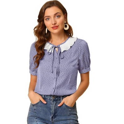Allegra K Women's Contrast Peter Pan Collar Button Down Polka Dots Blouse