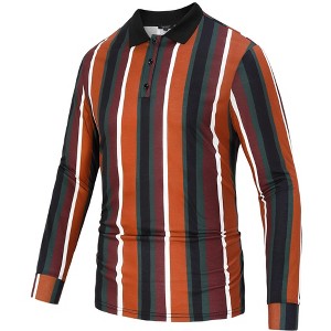 Men's Long Sleeve Casual Polo Shirt Striped Button Collar Classic Fit T Shirt Tops - 1 of 3