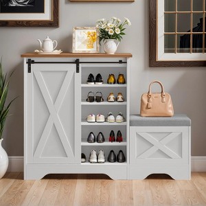 20 Pairs 5 Tier Shoe Rack Cabinet Farmhouse Entryway Storage Bench Sliding Door - 1 of 4