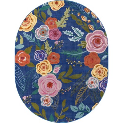Kids' Oasis 8' x 10' Oval Blue Floral Easy-Care Synthetic Rug