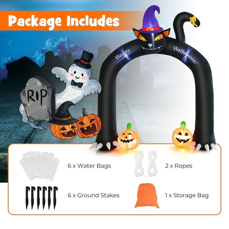 Costway 9FT Halloween Inflatable Cat Archway Blow-up Doorway Decoration with Wizard Cat & Pumpkins  Bright LED Lights, 3 of 11