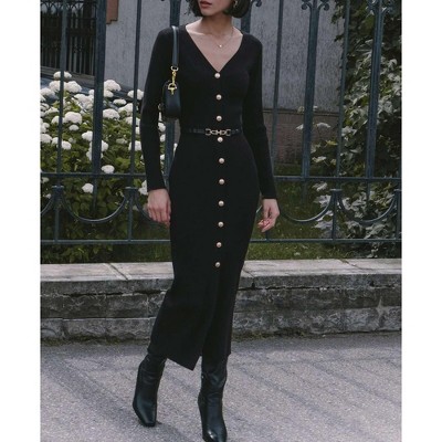 Women Long Sleeve V Neck Slit Sweater Dress Casual Lapel Button Up Slim Ribbed Knit Maxi Dresses