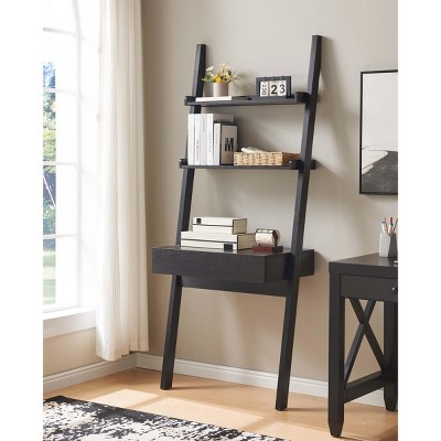 INFURNIC Desks Modern Writing Desk with Bookcase Ladder and One Drawer Two Shelves Handleless for Home Office, Black, 29.5"*18"*72"
