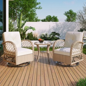 3-Piece Rattan Rocker Swivel Patio Accent Chair Set Of 2,Square Table,Modern Arm Chair With Cushion,Patio Chairs Outdoor -Maison Boucle - 1 of 4