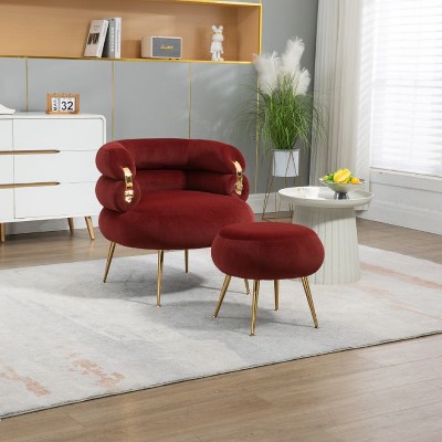 CAVINAS Velvet Barrel Accent Chair with Ottoman, Upholstered Lounge Armchair and Footrest Set with Padded Armrests
