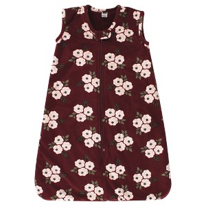 Hudson Baby Infant Girl Plush Faux Fur Sleeping Bag, Wearable Blanket, Burgundy Floral - 1 of 2