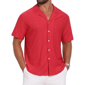 INSPIRE CHIC Men's Camp Collar Button Down Short Sleeve Hollow Texture Knit Shirts - 1 of 4