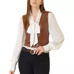 Allegra K Women's Button Front Sleeveless PU Faux Leather Waistcoat Vest Brown XS