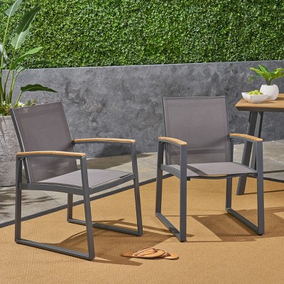 VYNXARIA Mid-Century Modern Patio Dining Chairs - Set of 2, Rust-Proof Aluminum Frame with Faux-Wood Arms and Mesh Seat for Outdoor Use,Gray