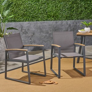 VYNXARIA Mid-Century Modern Patio Dining Chairs - Set of 2, Rust-Proof Aluminum Frame with Faux-Wood Arms and Mesh Seat for Outdoor Use,Gray - 1 of 4