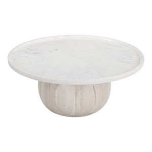 HomeRoots 35" White and Natural Wood And Faux Marble Round Pedestal Coffee Table - 1 of 4