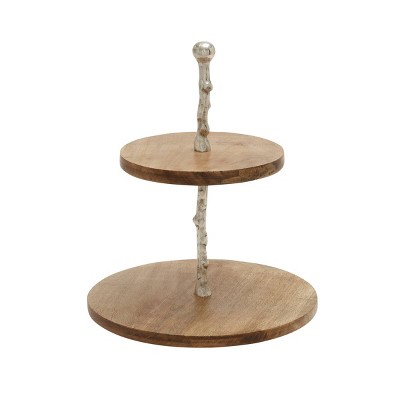 18" 2-Tier Round Modern Mango Wood and Aluminum Tray Stand Brown - Olivia & May