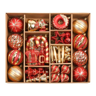 Aoibox 70pcs Shatterproof Christmas Ornaments Set Red Gold Baubles Ribbon Flowers Tree Topper Swans Snowflakes for Holiday Decor
