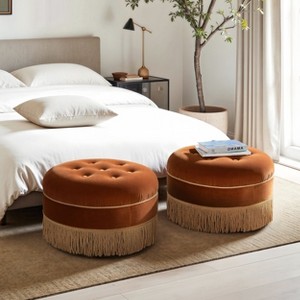Kumasinova One of A Kind Round Ottoman with Button Tufted Design,Luxury Velvet Accent Ottoman End-of-Bed Ottoman for Living Room&Bedroom,Burnt Orange - 1 of 4