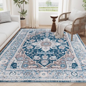 Area Rug Vintage Bohemia Large Persian Non-slip Washable Rug For Living Room Kitchen Bedroom Living Room Flower Design Blue - 1 of 4