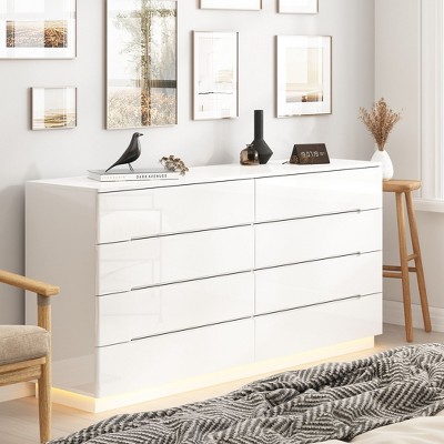 FUFU&GAGA High Gloss Dresser With Light Chest 8 Drawers and Tabletop