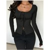 Womens Long Sleeve Tops Tie Front Top Square Neck Casual Shirt - 3 of 4