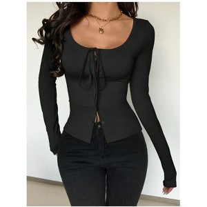 Womens Tops Long Sleeve Tie Front Lace Up Fitted Square Neck Casual T Shirt - 1 of 4