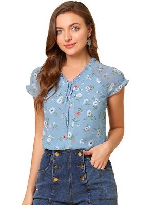Allegra K Women's Summer Floral Chiffon Tie V Neck Ruffled Short Sleeve Shirt