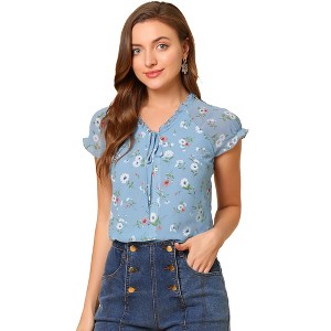 Allegra K Women's Summer Floral Chiffon Tie V Neck Ruffled Short Sleeve Shirt - 1 of 4