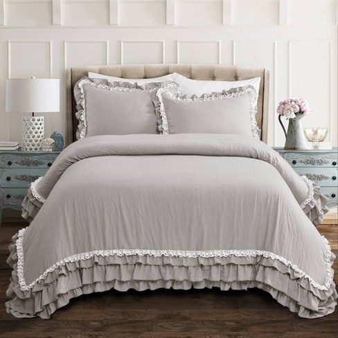 3pc King Ella Lace Ruffle Comforter & Sham Set Light Gray - Lush Décor :  Target