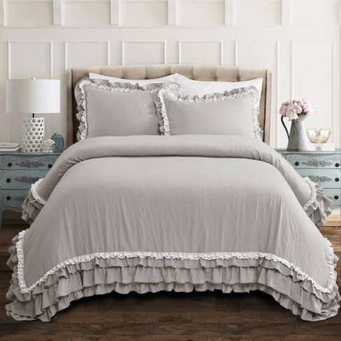 3pc King Ella Lace Ruffle Comforter & Sham Set Light Gray - Lush