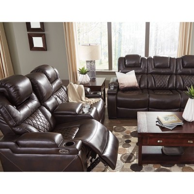 Brown Faux Leather Power Reclining Sofa with Storage and Cup Holders
