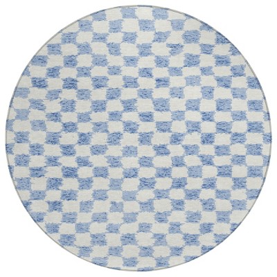 HomeRoots 8' Sky Blue And Ivory Round Geometric Washable Indoor Outdoor Area Rug