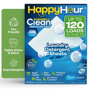 Happy Hour Laundry Detergent Sheets Eco Friendly Color Safe 60 Sheets 120 Loads Fresh Scent - 1 of 4
