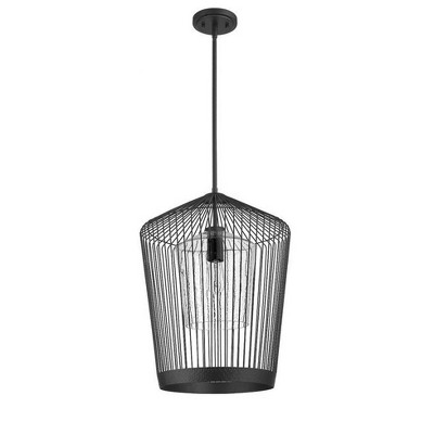 Transitional Matte Black Cage Pendant with Seeded Glass - 18.5" x 24.75"