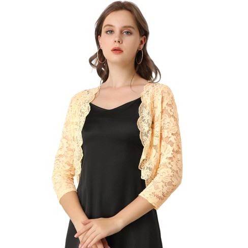 Allegra K Women's Elegant 3/4 Sleeve Sheer Floral Lace Shrug Beige Small