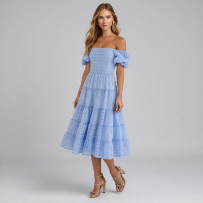 Knit & Lounge Women’s Smocked Off Shoulder Midi Dress Puff Sleeves Tiered Skirt Textured Grid Fabric Romantic Style