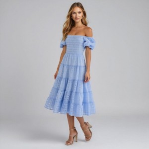 Knit & Lounge Women’s Smocked Off Shoulder Midi Dress Puff Sleeves Tiered Skirt Textured Grid Fabric Romantic Style - 1 of 4