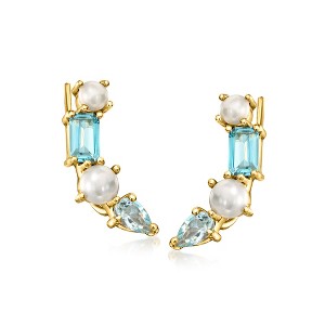 Ross-Simons 3-4mm Cultured Pearl and .70 ct. t.w. Swiss and Sky Blue Topaz Ear Climbers in 18kt Gold Over Sterling - 1 of 4