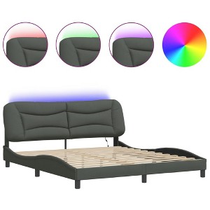 vidaXL King Bed Frame with LED Lights - Modern Dark Gray Fabric Upholstery, Plywood Slats, Headboard Cushion - 1 of 4