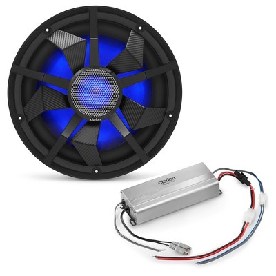 Clarion Marine Bass Bundle - CM3013WL 12" RGB LED subwoofer includes Black & Silver Grilles, Clarion Marine XC2110 Amplifier