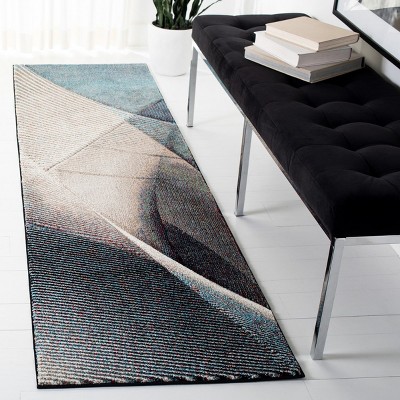 Beige and Blue Mid-Century Modern Runner Rug